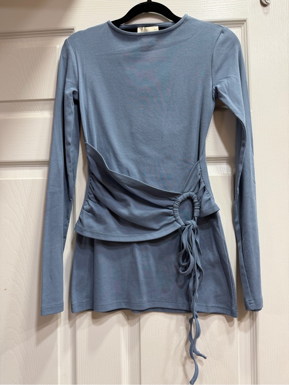 Veiled Long-Sleeve Blue Side-Tie Peplum Top